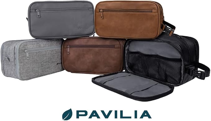 PAVILIA Toiletry Bag for Men, Travel Toiletries Bag | Water-resistant Dopp Kit, PU Leather Shaving Pouch Organizer for Accessories, Cosmetic, Hygiene, Grooming Essentials (Black)
