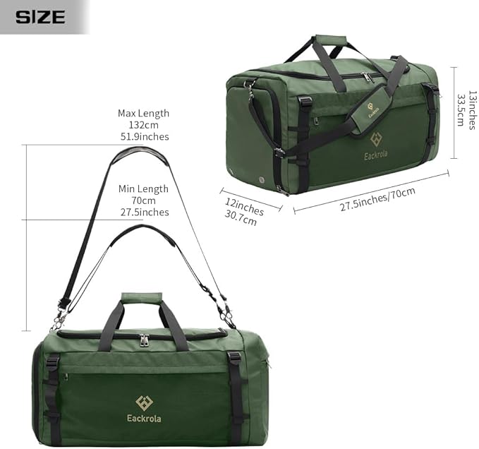 Eackrola Extra Large Sports Gym Bag, Travel Duffel bag with Wet Pocket & Shoes Compartment for men women, 85L, Lightweight （Green）
