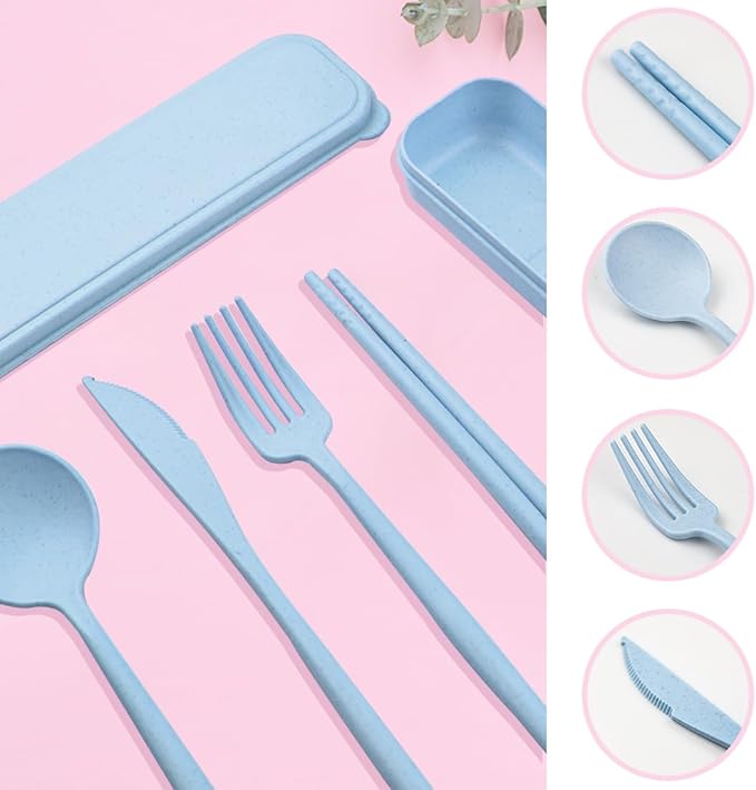ELANE 4 Sets Reusable Travel Utensils Set with Case,Camping Cutlery Set Reusable Cutlery Set with Case,Utensil Sets for Lunch Picnic Daily Use Outdoor (lightblue)