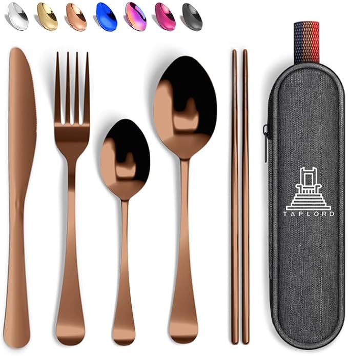 Portable Travel Silverware Set With Case, Includes 5 Pcs of Travel Utensils With Case, Stainless Steel Flatware Set For Camping, Easy to Travel, Lightweight (Rose Gold)
