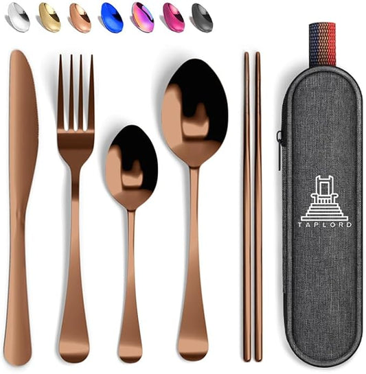 Portable Travel Silverware Set With Case, Includes 5 Pcs of Travel Utensils With Case, Stainless Steel Flatware Set For Camping, Easy to Travel, Lightweight (Rose Gold)