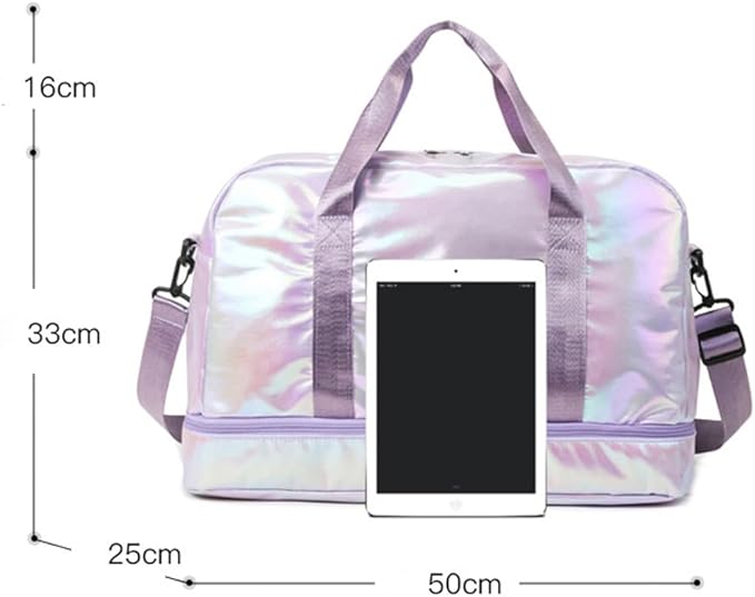 Holographic Shimmering Gym Duffle Bag with Shoes Compartment & Wet Pocket, Women Weekend Overnight Travel Bag Gymnastic Dance Bag for Girl (purple)