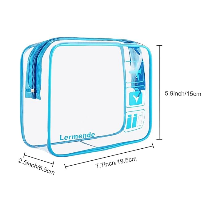 Lermende 2pcs Clear Toiletry Bag TSA Approved Travel Bag,Carry On for Travel,Airport Airline Accessories Compliant Bag,Quart Sized Makeup Cosmetic bag Women Men (Blue, 3 Pack)