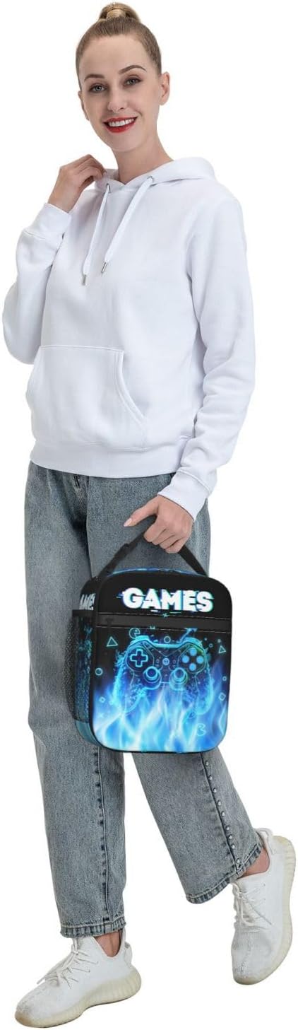 Blue Video Games Joystick Gamer Lunch Bag For Boys Kids Fun Reusable Lunch Box Insulated Meal Bags Portable Lunch Tote For Girls School Men Work Travel