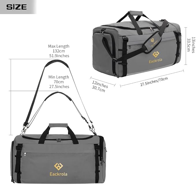 Eackrola Extra Large Sports Gym Bag, Travel Duffel bag with Wet Pocket & Shoes Compartment for men women, 85L, Lightweight （Light Gray）