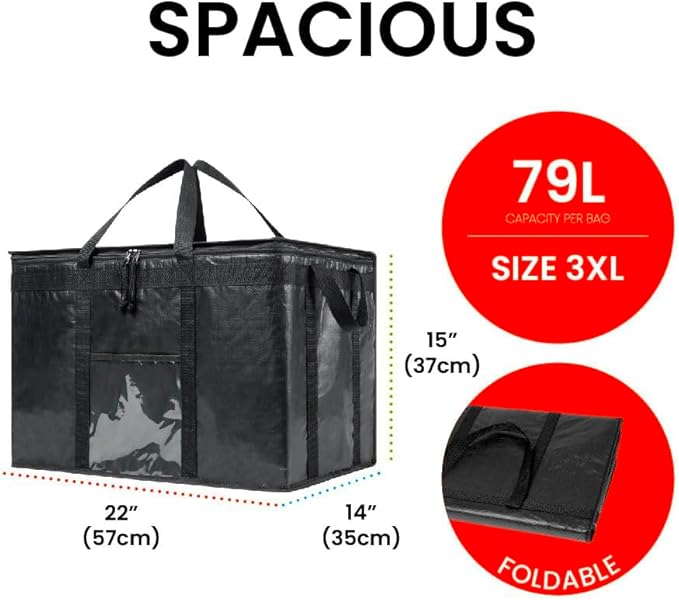 NZ home Durable PRO Insulated Cooler Bag and Food Warmer (3XL, 4 pack) for Delivery & Grocery Shopping with Zippered Top, Black Commercial Grade