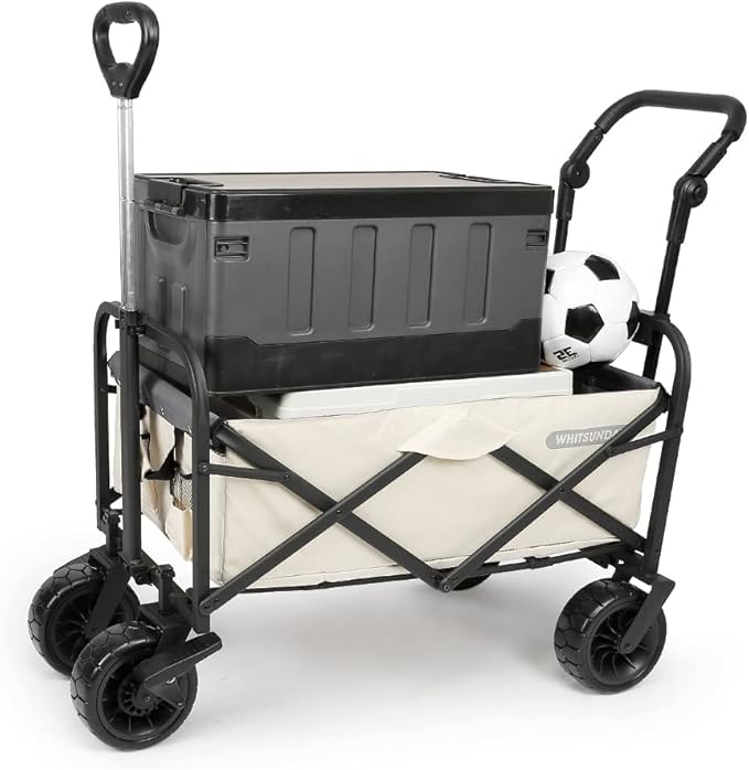 WHITSUNDAY Collapsible Folding Garden Outdoor Park Utility Wagon Picnic Camping Cart with Bearing and Brake 8" All Terrain Wheels with Push Bar (Beige)