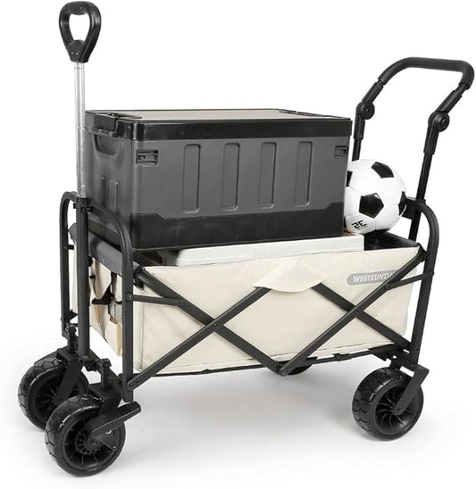 WHITSUNDAY Collapsible Folding Garden Outdoor Park Utility Wagon Picnic Camping Cart with Bearing and Brake 8" All Terrain Wheels with Push Bar (Beige)