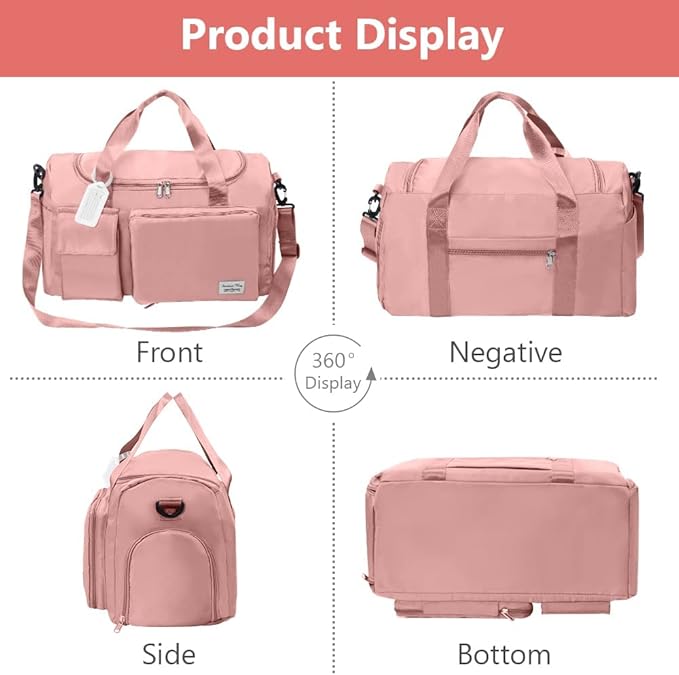 Travel Duffel Bag, Foldable Gym Bag with Luggage Tag, Large Capacity Weekend Overnight Bags with Wet and Dry Separation Bag, Waterproof Sports Tote Bag, for Travel, Sports, Gym (Pink)