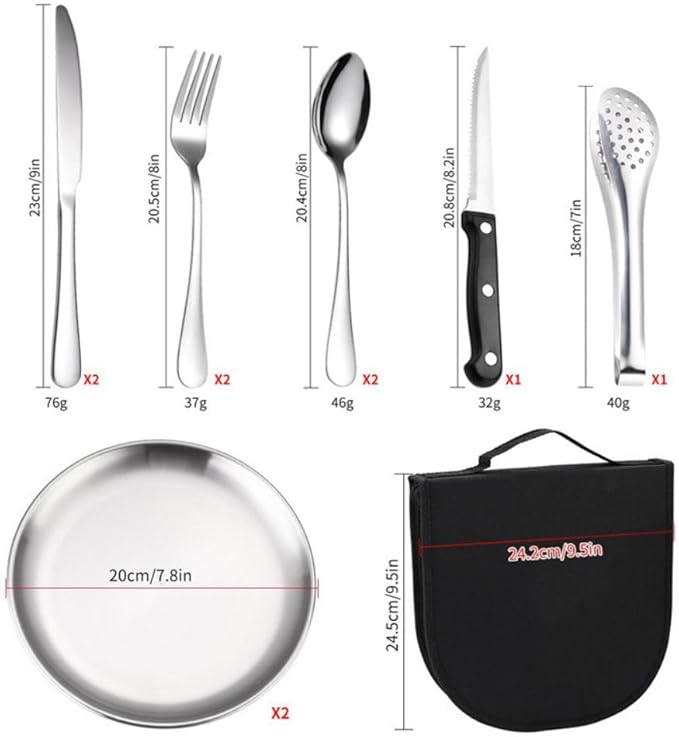 Picnic Cutlery Kit with Portable Case Camping Essentials Silverware Set Travel Utensils Outdoor Tableware Stainless Steel Flatware with Forks,Spoons,Serrated Knife,Food Clip,Plates (Sliver)