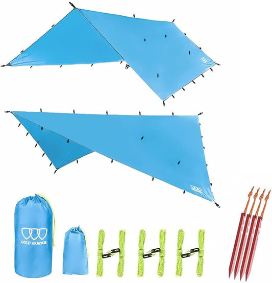 Gold Armour Rainfly Tarp Hammock, Premium 14.7ft/12ft/10ft/8ft Rain Fly Cover, Waterproof Ultralight Camping Shelter Canopy, Survival Equipment Gear Tent Accessories (Light Blue 12ft x 10ft)