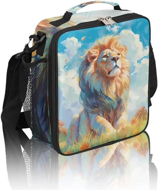 Animal Lunch Box for Kids, Watercolor Lion Grassland Lunch Bag for Boys Girls, Reusable Insulated Waterproof Lunch Box with Adjustable Shoulder Strap Thermal Cooler Tote Bag for School Daycare Picnic
