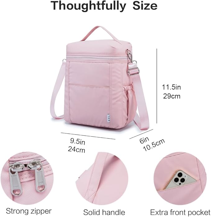 NOL Natural Organic Lifestyle Insulated Lunch Bags for Women Cooler Bag Lightweight Nylon Waterproof Lunch Box For Work (Pink, Large)