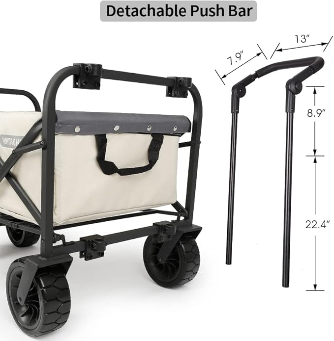 WHITSUNDAY Collapsible Folding Garden Outdoor Park Utility Wagon Picnic Camping Cart with Bearing and Brake 8" All Terrain Wheels with Push Bar (Beige)