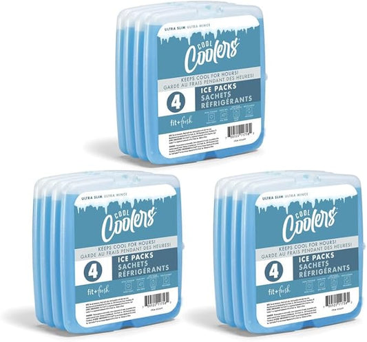 Cool Coolers by Fit + Fresh, Reusable & Long-Lasting Slim Ice Packs, Cold Packs for Lunch Boxes, Ice Packs for Lunch Bags, Blue 12 Pack
