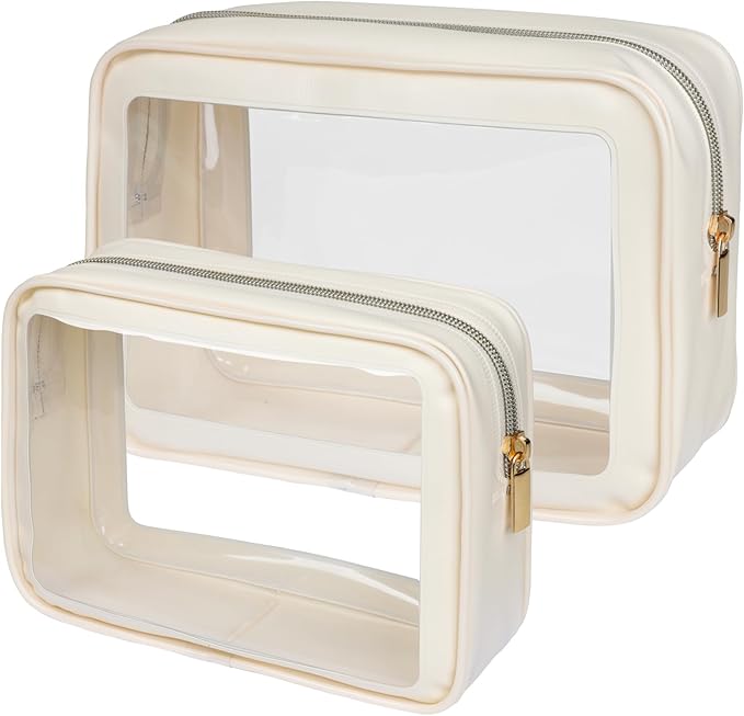 PACKISM TSA Approved Toiletry Bag - Upgrade Color-Edged Clear Makeup Bag, Unique Appearance, 2 Pack Clear Travel Bags Hold Lots of Items Also Great for Organizing Car Console, Beige (2 Sizes)