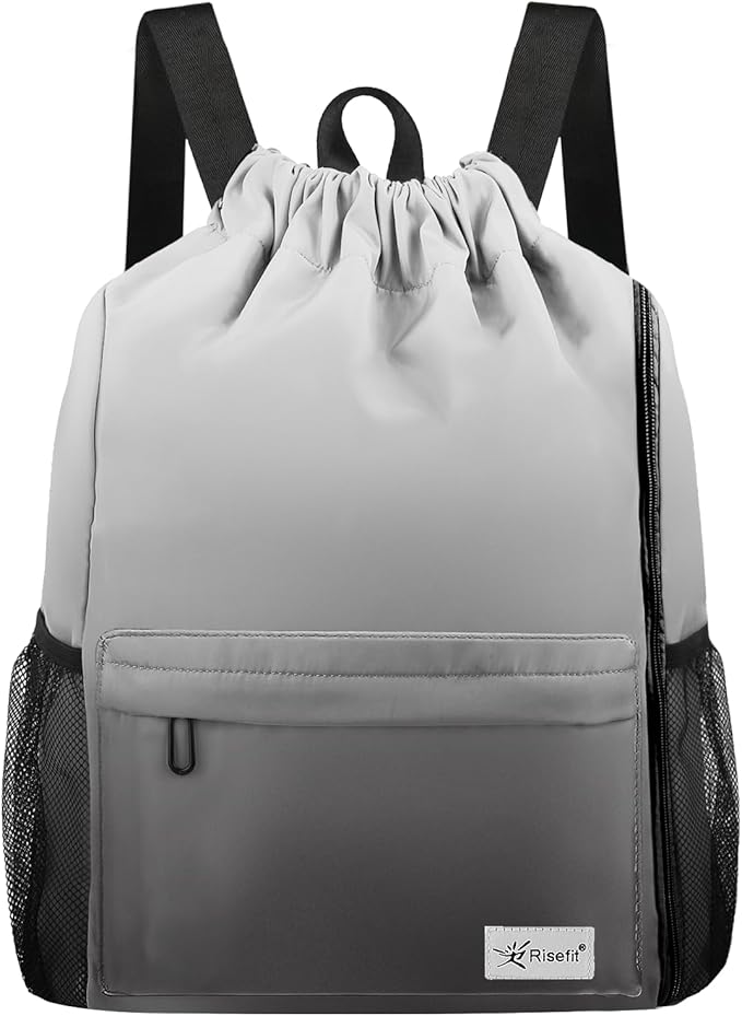 Drawstring Backpack with Mesh Pockets String Gym Bag Sackpack Sandproof Water Resistant Beach Backpack for Men Women