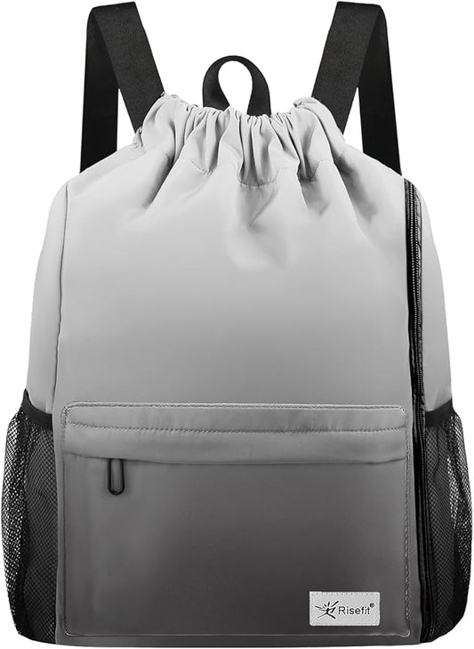 Drawstring Backpack with Mesh Pockets String Gym Bag Sackpack Sandproof Water Resistant Beach Backpack for Men Women
