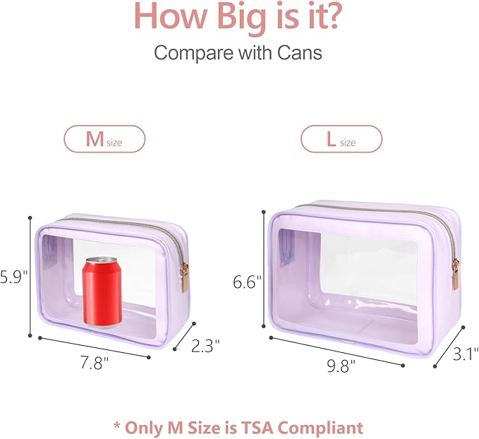 PACKISM TSA Approved Toiletry Bag - Upgrade Color-Edged Clear Makeup Bag, Unique Appearance, 2 Pack Hold Lots of Items, Reusable Clear Toiletry Bags for Travel Essentials, Purple (2 Sizes)
