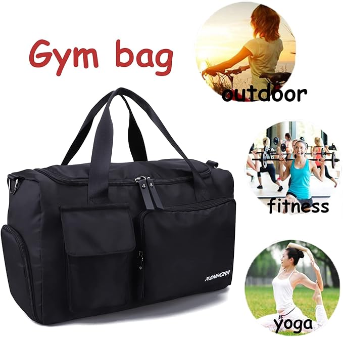 RAMHORN Travel Duffel Bag Gym Sports Luggage Bags Water Resistant Weekender Bag with Wet Pocket and Shoes Compartment Black