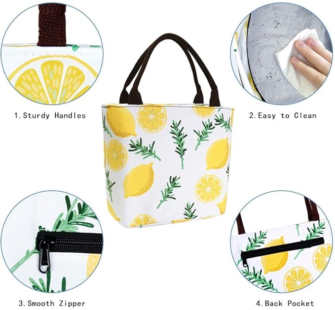 E-Clover Lunch Box for Women Insulated Lunch Bags Cute Lunchbox Cooler Bag for Office Work Picnic Beach Lemon Gifts Hawaii Yellow White