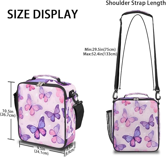 Pardick Butterfly Kids Lunch Bag Purple Insulated Lunch Box Mini Cooler Back to School Thermal Meal Tote Kit Bento Tote Bags Thermal Lunchbox for Boys Girls