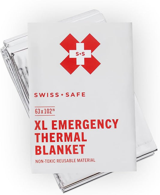Swiss Safe XL Emergency Mylar Thermal Blankets + Bonus Space Blanket - Compact & Insulated for Cold Weather - Designed for NASA, Outdoor Camping, Survival, First Aid Car Kit - Silver, 4 Pack, XL