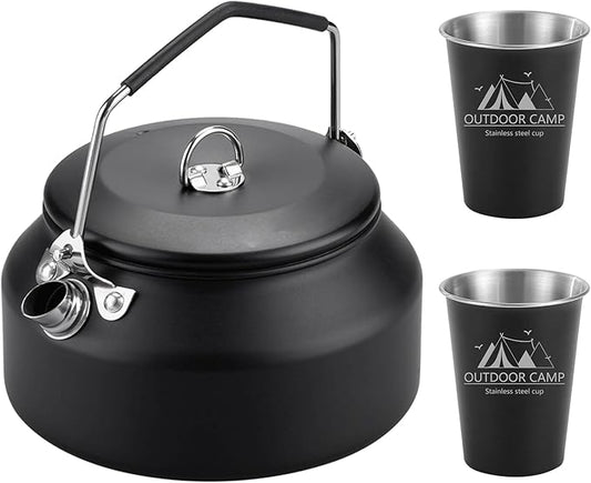 3PCS Camping Kettle Outdoor Campfire Camp Kettle Set with 2 Cups, 1L Stainless Steel camping tea kettle Coffee Pot, Portable Lightweight Teapot, Ideal for Hiking Picnic Travel, Black