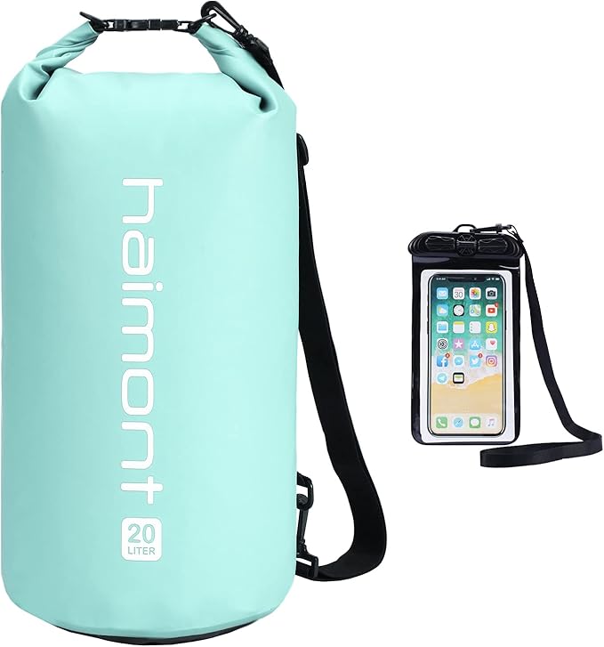 Haimont Waterproof Dry Bag Floating Dry Sack Roll Top Drybag Backpack for Kayaking, Rafting, Boating, Fishing with IPX8 Waterproof Phone Case, Aqua Green, 20L