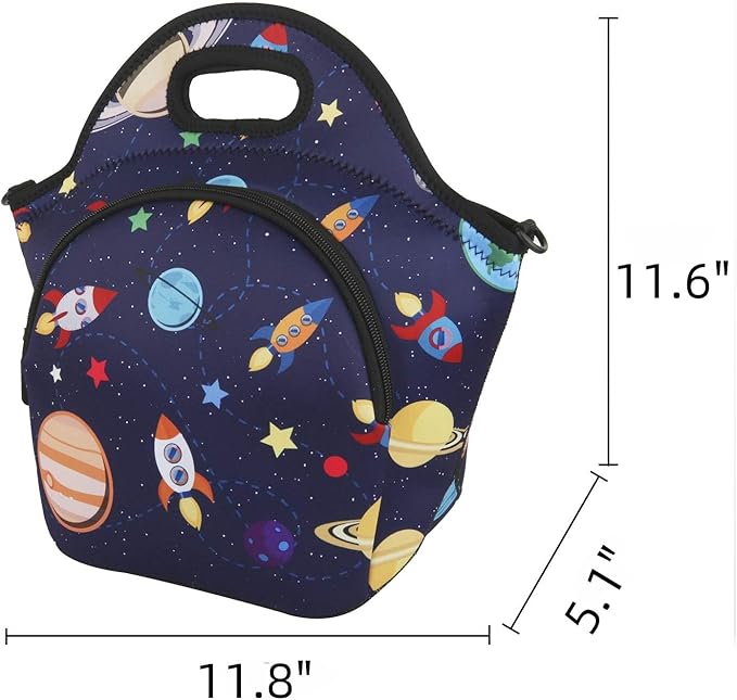 Violet Mist Neoprene Lunch Bag Insulated Lunch Bag Tote Cute Large Thermal Lunchbags with Pocket Detachable Adjustable Shoulder Strap Lunchbox Food Handbags Gift for Women Men Adult, Space Planet