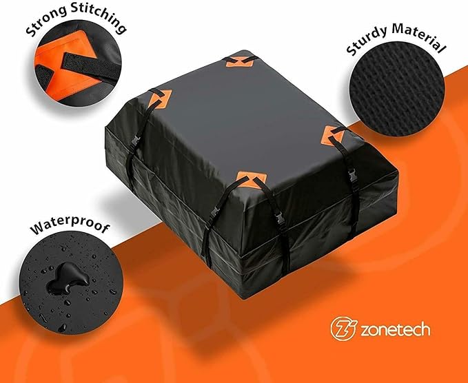 ZONETECH Durable Roof Top Waterproof Cargo Bag -Classic Black 15 Cubic Feet Premium Quality Universal Waterproof Fold-able Leak Proof Traveling Roof Top Car Bag