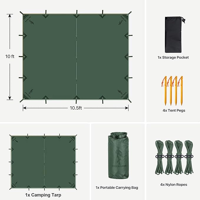 FREE SOLDIER Camping Tarp Waterproof Portable Multifunctional Outdoor Traveling Awning Backpacking Shelter Rain Tarp (Lake Green 10×10.5ft)