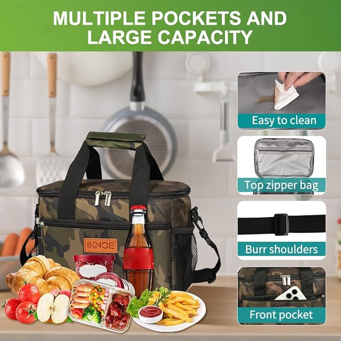 iknoe Large Foldable Cooler Bag, 8.5L Insulated Lunch Bag, Leakproof Lunch Cooler Tote with Multi-Bag Design Suitable for Beach, Picnic and Office Use, Camo 15-Can