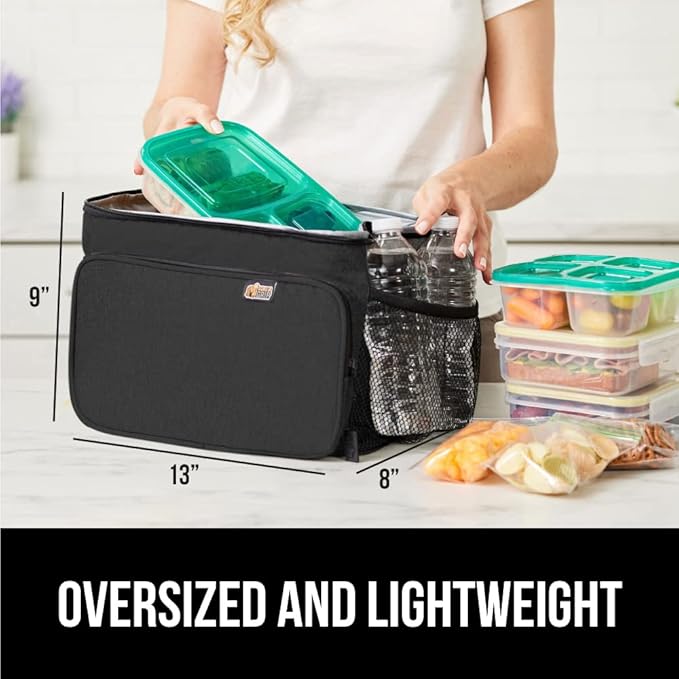 GORILLA GRIP Reusable Insulated Lunch Box Bag for Women Men,15L, Leakproof XL Soft Cooler Bags, Multiple Compartments, Mesh Pockets and Adjustable Strap, Food Tote Keeps Drinks Cold, 13x9, Black