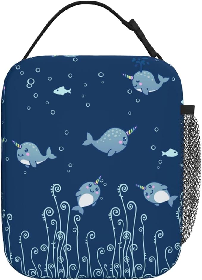 Cute Sea Narwhal Lunch Box Reusable Insulated Totes Lunch Bag Thermal Cooler For Boy Girls School Men Women Beach Picnic Travel