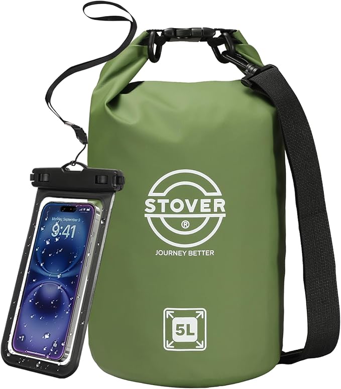 STOVER 5/10/25/30/40/55L Waterproof Dry Bag, Small Lightweight Roll Top Dry Bag Backpack w/Waterproof Phone Case, Kayaking, Travel, Hiking, Fishing, Tubing, Camping, the Beach, Men/Women (Green)