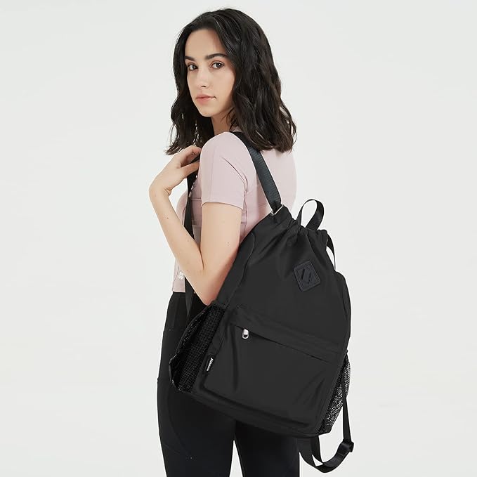 WANDF Drawstring Backpack Sports Gym Bag with Shoes Compartment, Water-Resistant String Backpack Cinch for Women Men (Large,Black)