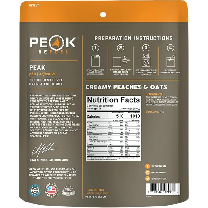 Peak Refuel Creamy Peaches and Oats | Chad Mendes Signature Meal | Premium Freeze-Dried Variety Meals | Hunting, Survival, Camping, Backpacking Food | High-Protein Game Meats | MRE | Made in USA