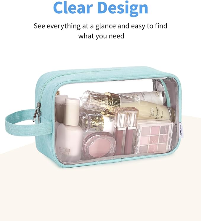 Narwey Clear Travel Toiletry Bags for Traveling Toiletries Men Women, Clear Makeup Bag Cosmetic Bag with Zipper, Make Up Pouch Organizer Bags with Handle, Skincare Bag (Mint Green)