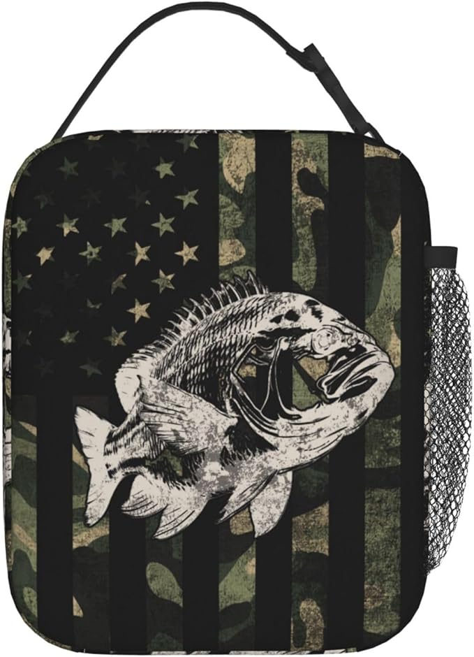 Fishing Camouflage American Flag Bass Lunch Box, Portable Insulated Lunch Bag with Detachable Handle,Reusable Lunchbox for Boys Girls Men Women Adults
