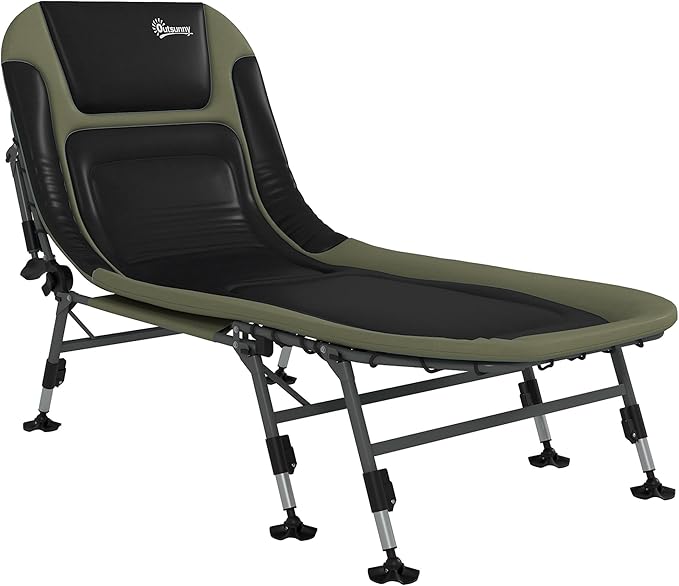 Outsunny Camping Cot for Adults, Folding Bed with Soft Padded Cushions & Headrest, 180° Adjustable Reclining Lounger, Heavy Duty and Portable with a 400 lbs. Capacity, Dark Green