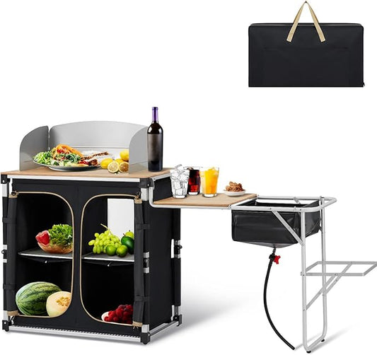 KingCamp Bamboo Camp Kitchen Station, Folding Overland Camping Kitchen Table Hooks Portable Outdoor Cooking with Adjustable Lantern Pole & Windshield Storage Organizer for Tailgating BBQ Picnic RV