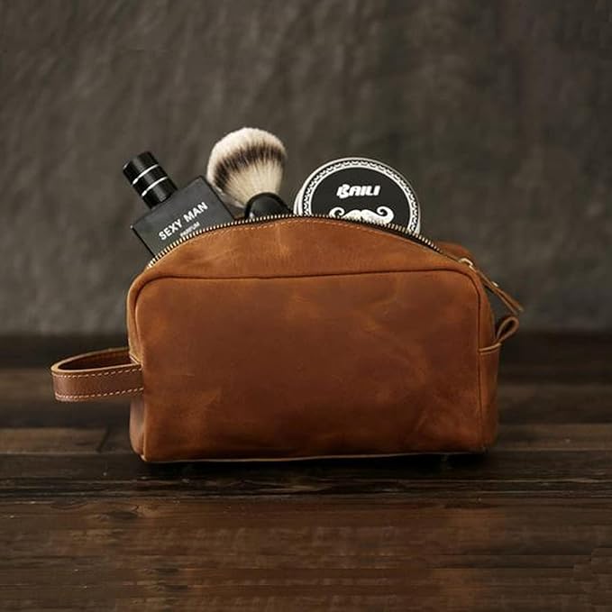 Toiletry Bag for Men or Women, Full Grain Leather Handcrafted Dopp Kit, Vintage Travel Leather Toiletry Travel Pouch, Large Cosmetic Bathroom Travel Shaving Bag, Fully Lined with Cotton Fabric