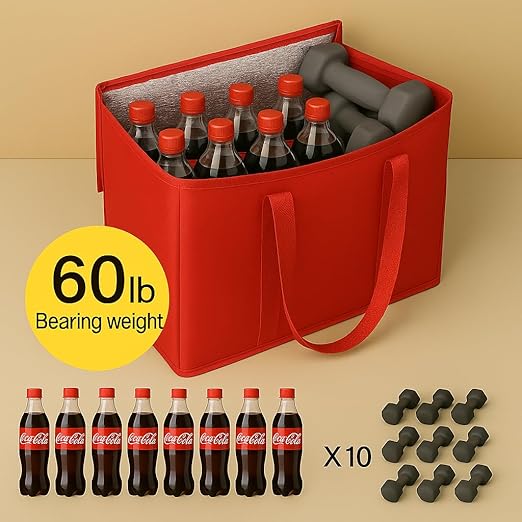 2Pk Insulated Reusable Grocery Bags, Collapsible Cooler Bag for Groceries, Heavy Duty Large Insulated Bag (Large, Bright Red)