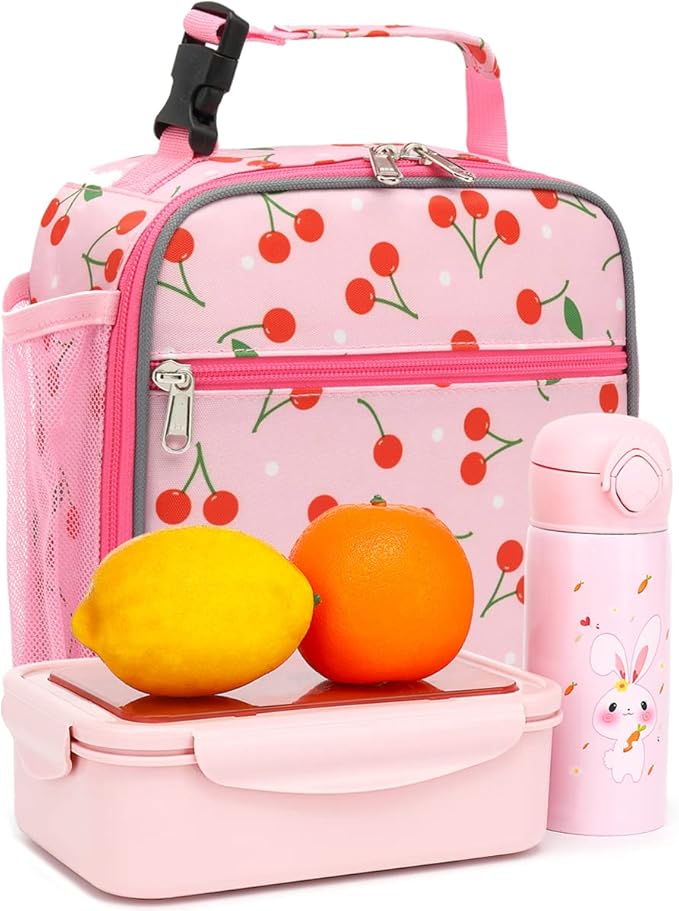 FlowFly Kids Lunch box Insulated Soft Bag Mini Cooler Back to School Thermal Meal Tote Kit for Girls, Boys, Cherry