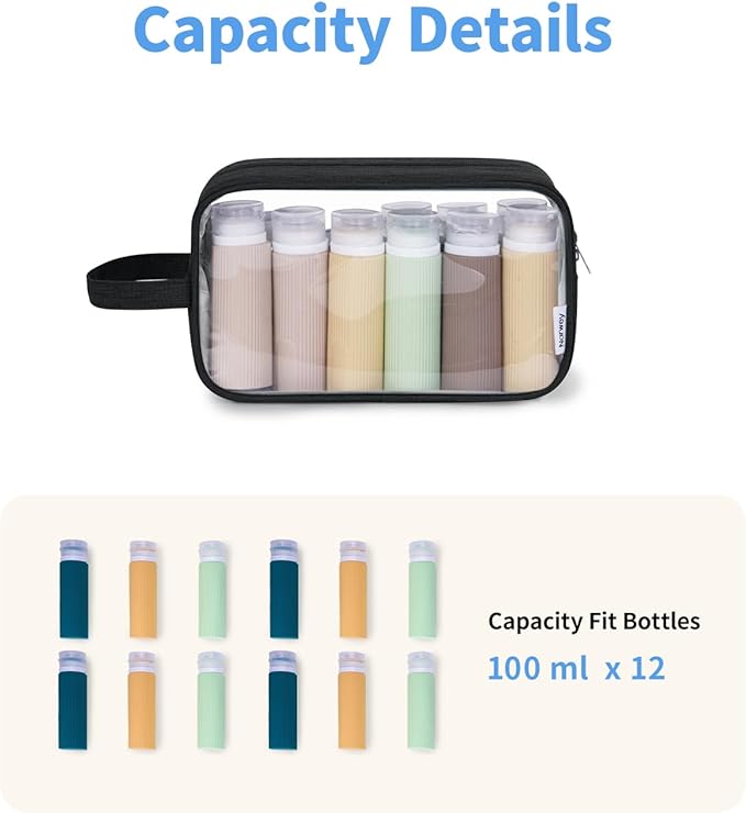 Narwey Clear Travel Toiletry Bags for Traveling Toiletries Men Women, Clear Makeup Bag Cosmetic Bag with Zipper, Make Up Pouch Organizer Bags with Handle, Skincare Bag (Black)