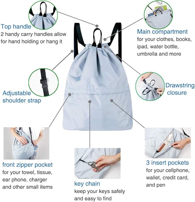 Drawstring Bags with Zipper Pocket, Waterproof Drawstring Backpack for Women and Men 15.7" x 17.7"