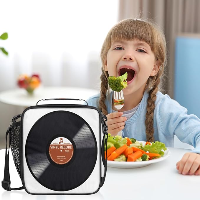Pardick Music Record Black Kids Lunch Bag Retro Music Vinyl CD Insulated Lunch Box Mini Cooler Back to School Thermal Meal Tote Kit Bento Tote Bags Thermal Lunchbox for Boys Girls