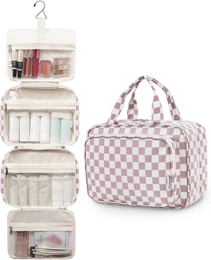 Narwey Travel Toiletry Bag for Women Large Hanging Makeup Bag Organizer Toiletries Bag for Full Size Essentials Accessories Cosmetics (Dusty Rose Checkerboard (Large))