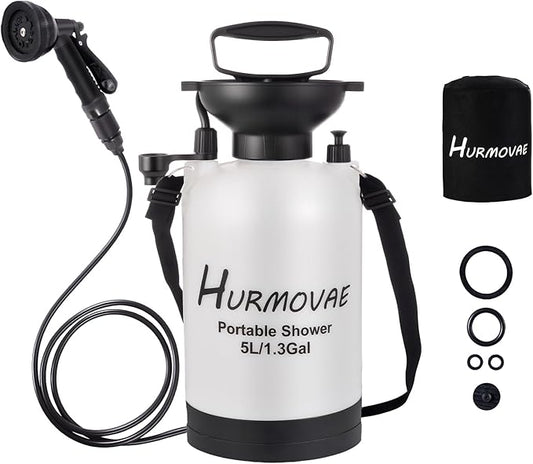 1.3 Gallon/5L Portable Shower for Camping–10 Spray Modes, Insulated Water Sprayer, Portable Beach Shower for Surfing, Hiking, Dog Shower, White